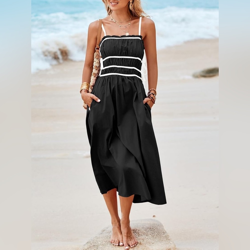 Hesperus Womens Summer Spaghetti Strap Midi Sleeveless Ruffle Dress NWT Size L